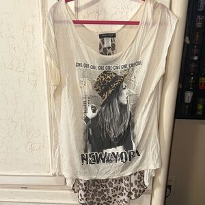 Graphic Print Blouse with Leopard Detail